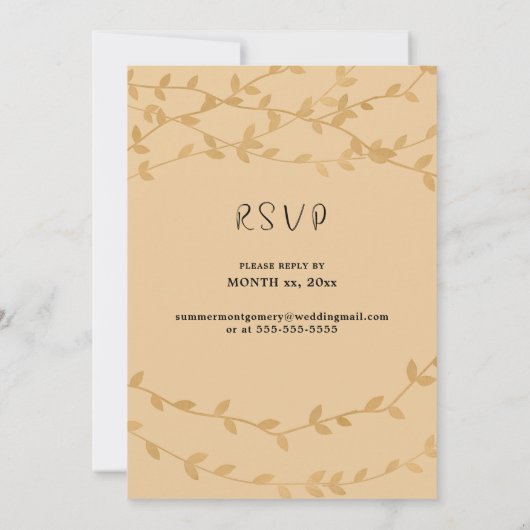 Elegant zwart met gouden bladeren bruiloft kaart (Achterkant)