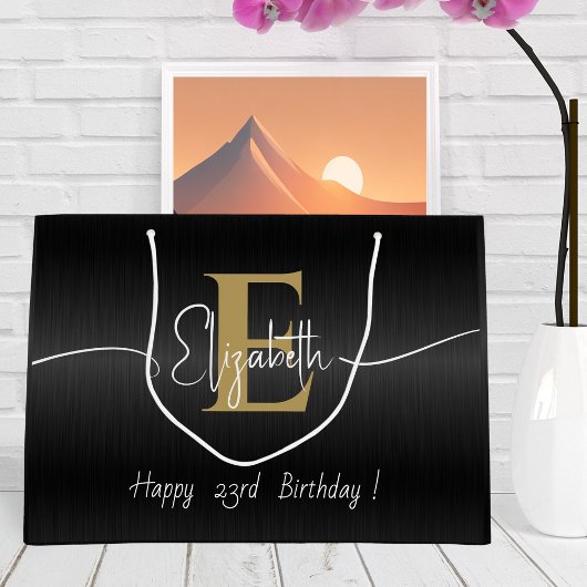 Elegant Zwart Modern Goud Monogrammed Script Naam Groot Cadeauzakje