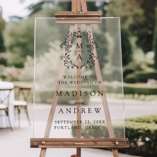 Elegant Zwart Monogram Crest Bruiloft Welkom Acryl Bord