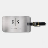 Elegant zwart monogram en naam, geborsteld zilver bagagelabel (Voorkant horizontaal)
