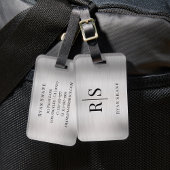 Elegant zwart monogram en naam, geborsteld zilver bagagelabel