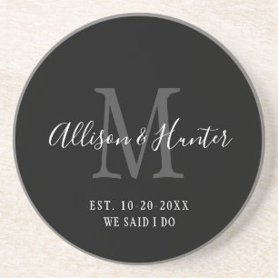 Elegant zwart monogram gevestigde Passen getrouwd Zandsteen Onderzetter