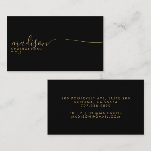 Elegant zwart monogram Gold Script Visitekaartje (Voorkant / Achterkant)