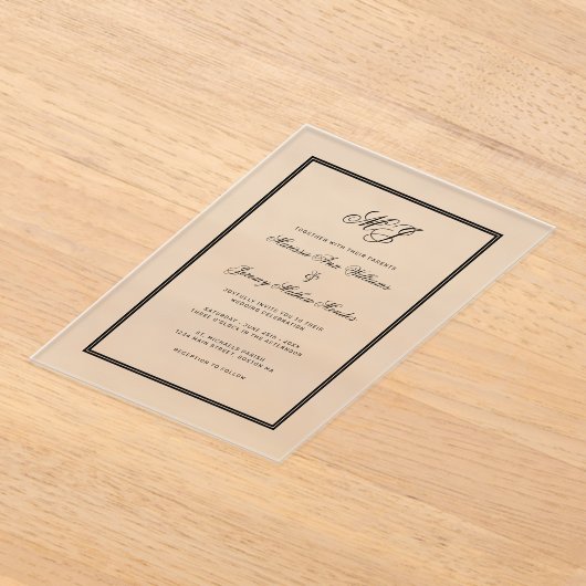 Elegant zwart monogram kalligrafie Lijst bruiloft Acryl Uitnodigingen (Laagn)