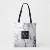 Elegant zwart monogram op witte marmeren steen draagtas (Voorkant)