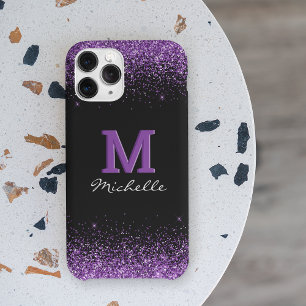 Elegant Zwart Monogram Purper Glitter iPhone 12 Hoesje