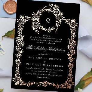 Elegant Zwart monogram Roos Gold Crest Bruiloft Folie Uitnodiging