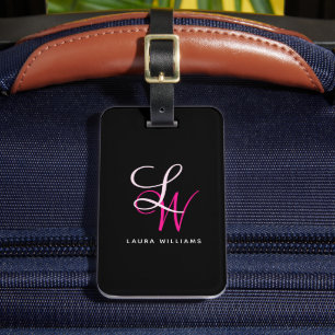Elegant zwart monogram roze script bagagelabel