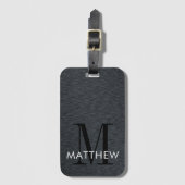 Elegant zwart monogram script geborsteld metaal  bagagelabel (Voorkant (verticaal))