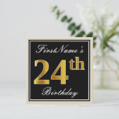Elegant, Zwart, Nep Goud 24e Verjaardag + Naam Kaart (Staand voorkant)