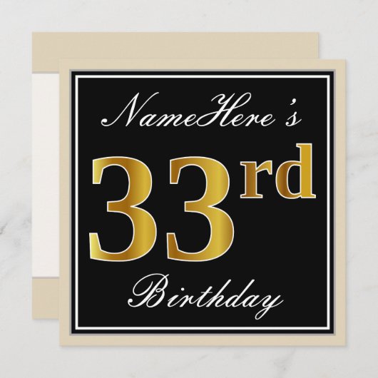 Elegant, Zwart, Nep Goud 33e Verjaardag + Naam Kaart (Voorkant / Achterkant)