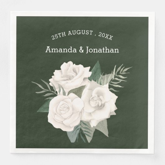 Elegant Zwart Olijf Groen en Wit Rozen Bruiloft Servet (Voorkant)