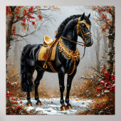 Elegant zwart paard versierd met gouden tackle poster (Voorkant)