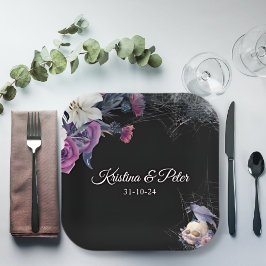 Elegant Zwart Paarse Gotische Bloemen Schedel Brui Papieren Bordje