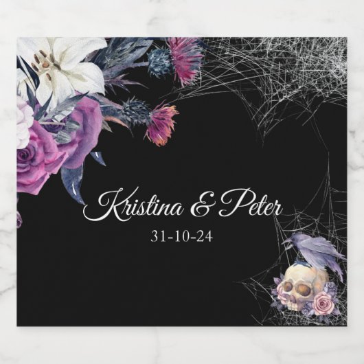 Elegant Zwart Paarse Gotische Bloemen Schedel Brui Sparkling Wijnetiket (Enkel label)