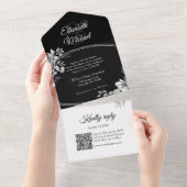 Elegant Zwart QR Code Bloemen Monogram Bruiloft RS All In One Uitnodiging (Afscheurbaar)
