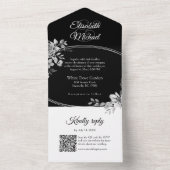 Elegant Zwart QR Code Bloemen Monogram Bruiloft RS All In One Uitnodiging (Binnen)
