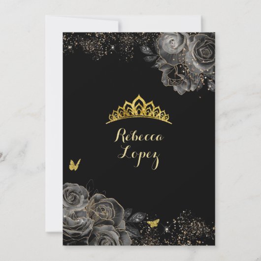Elegant zwart Roos en gouden prinses Quinceañera Kaart (Achterkant)