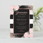 Elegant zwart Roos goud roze bloemen Quinceañera Kaart (Staand voorkant)