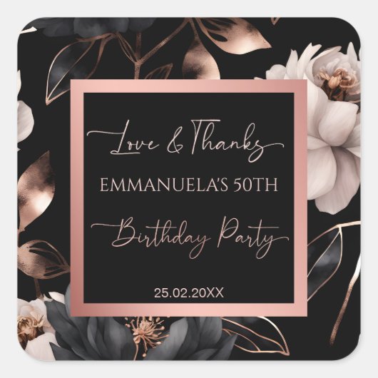 Elegant zwart roos gouden bloemen verjaardagsgunst vierkante sticker (Voorkant)