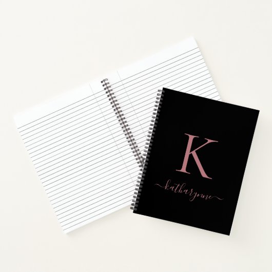 Elegant zwart Roos roze Monogram Naam Notitieboek (Binnen)