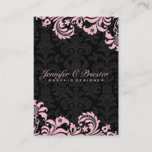 Elegant Zwart & roze  Bloemen Damasks 2 Visitekaartje