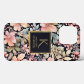 Elegant Zwart Roze Bloemen Waterverf Monogram Naam Case-Mate iPhone Case (Achterkant (horizontaal))