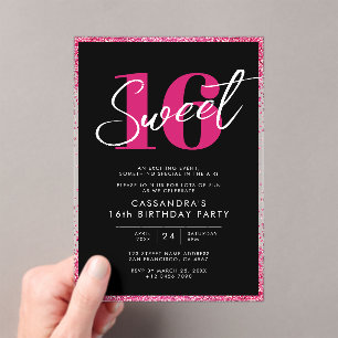 Elegant Zwart & Roze Glitter Sweet 16 Verjaardag Acryl Uitnodigingen