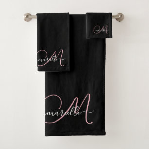 Elegant zwart roze monogram scriptnaam bad handdoek