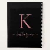 Elegant Zwart Roze Roos Goud Monogram Naam Planner (Achterkant)