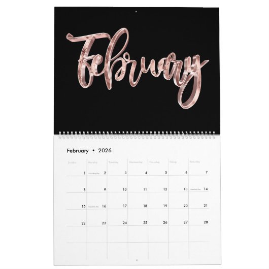 Elegant Zwart Roze Rose Goud Script Typografie Kalender (Feb 2026)