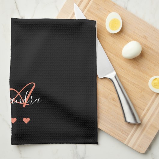 Elegant zwart roze script naam Monogram Theedoek (Quarter Fold)