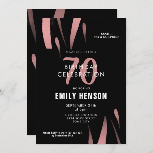 Elegant Zwart Roze Waterverf 70ste Verjaardagsfees Kaart (Voorkant / Achterkant)