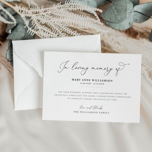 Elegant zwart script begrafenis bedankkaart