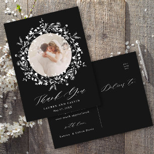 Elegant zwart script bruiloft foto dank u zwart briefkaart