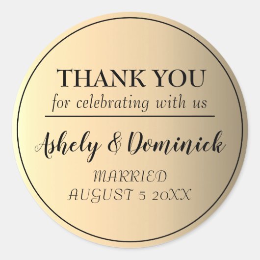 Elegant zwart script goud dank u bruiloft gunst ronde sticker (Voorkant)