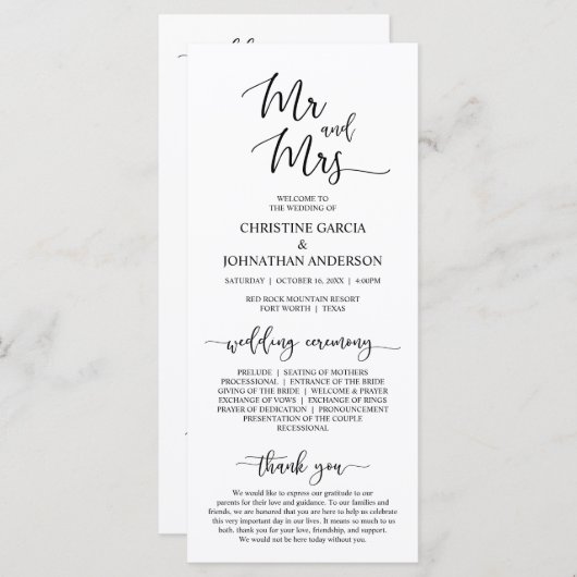 Elegant zwart script, meneer en mevrouw, huwelijks programma (Voorkant / Achterkant)