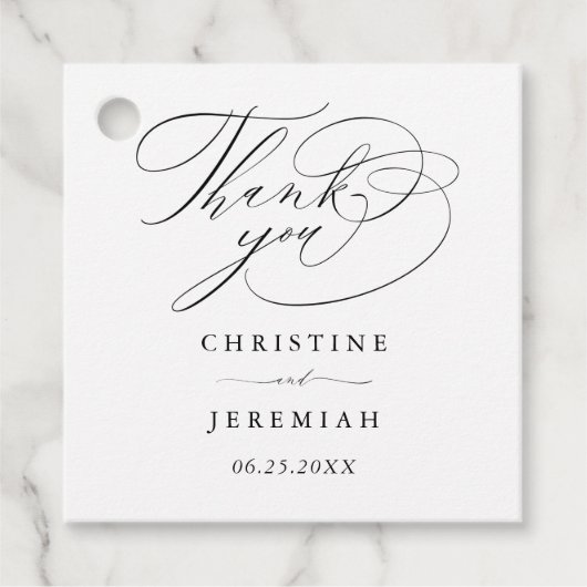Elegant zwart script minimalistische bruiloft bedankjes labels (Voorkant)