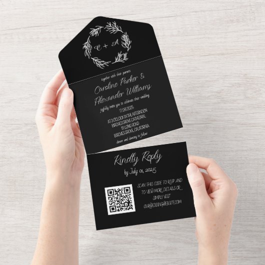 Elegant zwart Script Moderne unieke RSVP QR-code All In One Uitnodiging (Afscheurbaar)