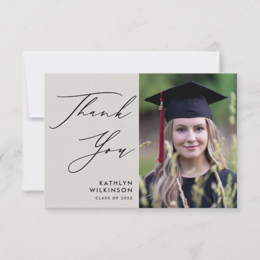 Elegant zwart script op grijs foto-Afstuderen Bedankkaart (Voorkant)