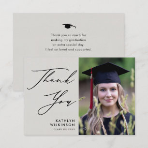 Elegant zwart script op grijs foto-Afstuderen Bedankkaart