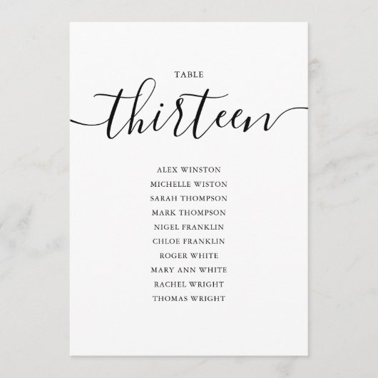 Elegant zwart-Script-tabel nummer 13-zittingsschem Kaart (Voorkant)