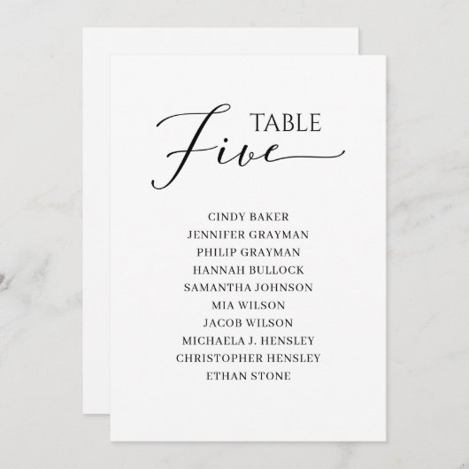 Elegant zwart-Script-tabel nummer 5-zitplaatsenkaa Kaart (Voorkant / Achterkant)