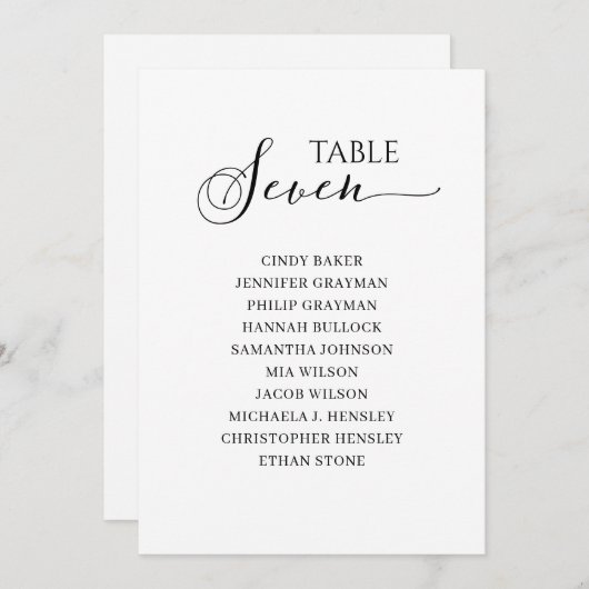 Elegant zwart-Script-tabel nummer 7 Zitdiagram Kaart (Voorkant / Achterkant)