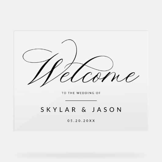 Elegant Zwart Script Wit Frosted Welkom Bruiloft Acryl Bord (Voorkant)