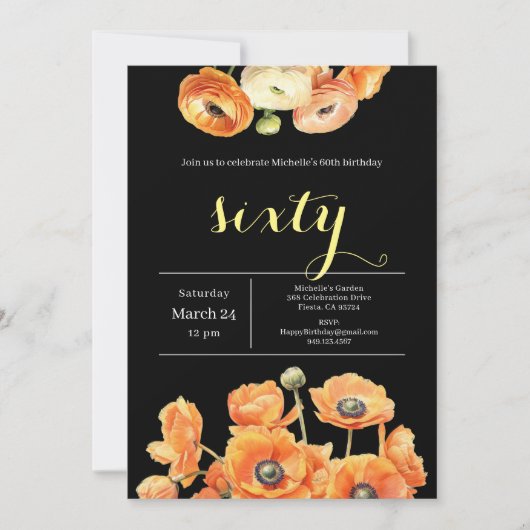Elegant zwart Sinaasappel Floral 60ste verjaardags Kaart (Voorkant)