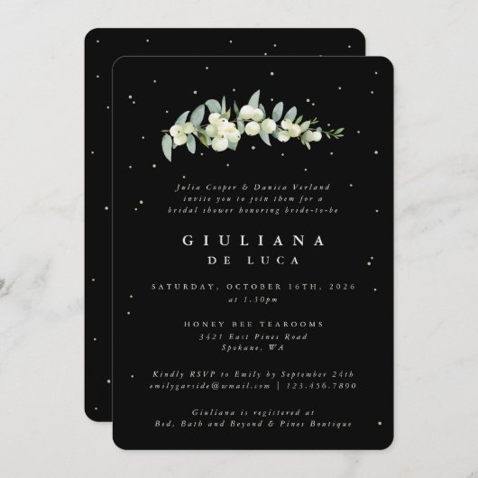 Elegant Zwart Snowberry+Eucalyptus Vrijgezellenfee Kaart (Voorkant / Achterkant)