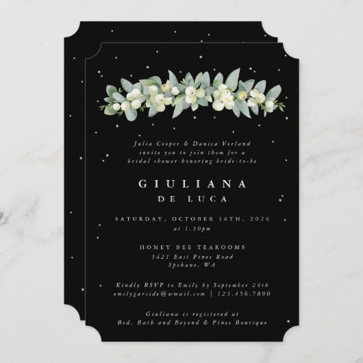 Elegant Zwart Snowberry+Eucalyptus Vrijgezellenfee Kaart (Voorkant / Achterkant)