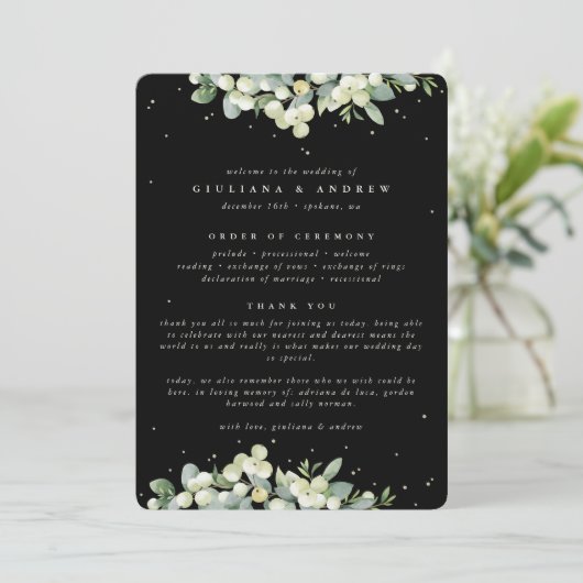 Elegant Zwart Snowberry+Eucalyptus Winter Bruiloft Programma (Staand voorkant)