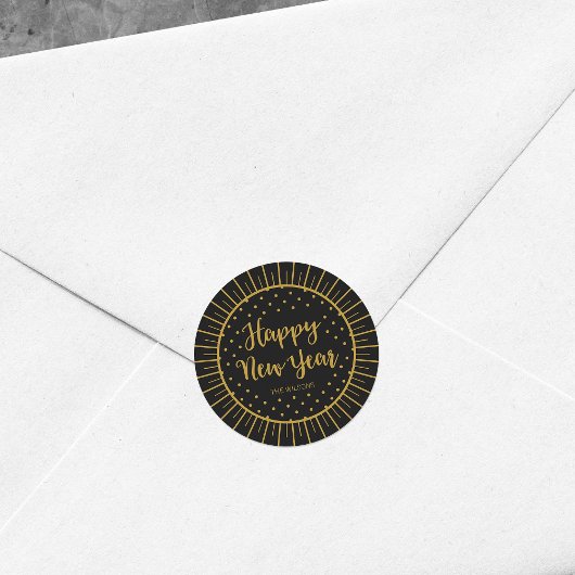 Elegant Zwart Starburst Script Gelukkig Nieuwjaar Ronde Sticker